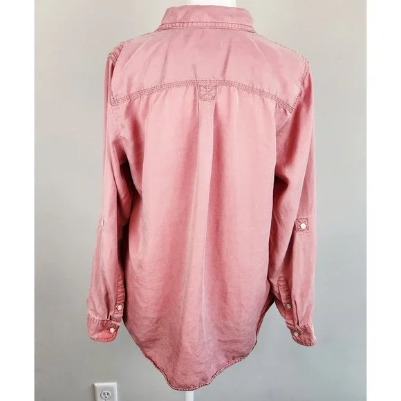 Talbots Button Up Blouse Women's Large Petite Dusty Pink Roll Tab Sleeve Pockets - Picture 2 of 9